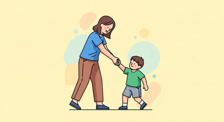 Fototapeta premium Woman and little boy walking hand in hand together outdoors in a friendly casual setting with colorful background