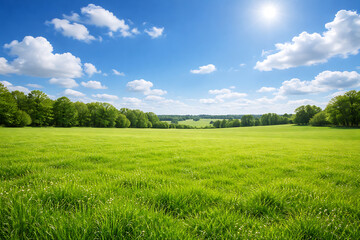 Fototapeta premium A scenic view of a sunny day with green meadow and blue sky. The sunshine casts shadows on the vast grassy field, with fluffy clouds drifting overhead