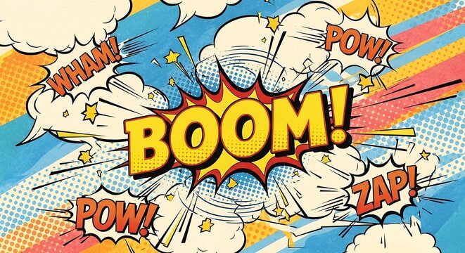 Dynamic comic book style background features multiple action sound effects surrounding a central explosive word.