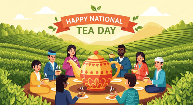 Diverse group of people celebrating national tea day with a teapot in a lush green tea plantation