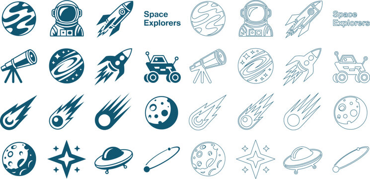 Space exploration featuring planets astronauts rockets rovers telescopes comets moons and UF Os