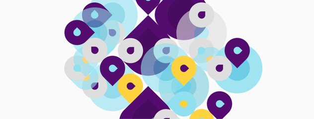 Abstract geometric shapes overlap, creating vibrant composition. Purple, blue, yellow tones dominate white background. Modern design.