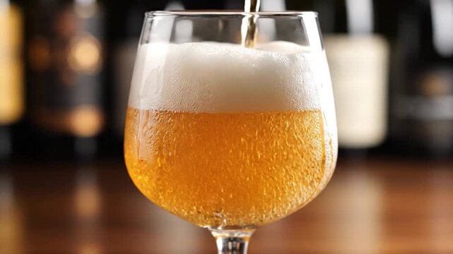 Close-up of fresh cold beer being poured into a glass with foam.