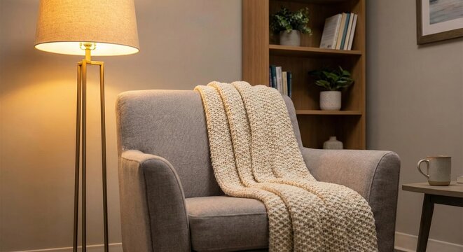 Comfortable therapist office interior with cozy throw blanket on chair and warm floor lamp