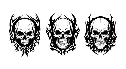 Fototapeta premium Three black and white skulls with horns and flames on isolated transparent background