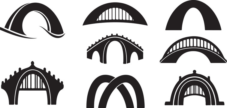 Various bridge silhouettes and arches in black and white