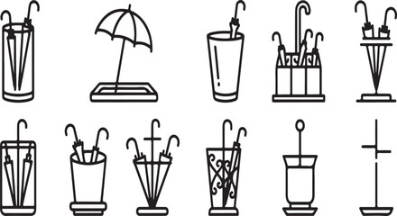 A collection of various umbrellas and stands in a simple line art style Vector © Nur