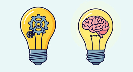 Conceptual image of two light bulbs, one containing gears for mechanics and the other a brain for creative thinking.