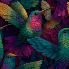 Fototapeta premium Rich decorative illustration of iridescent hummingbirds with layered feather textures in teal, pink, and gold, arranged in a dense tropical pattern on a dark background.