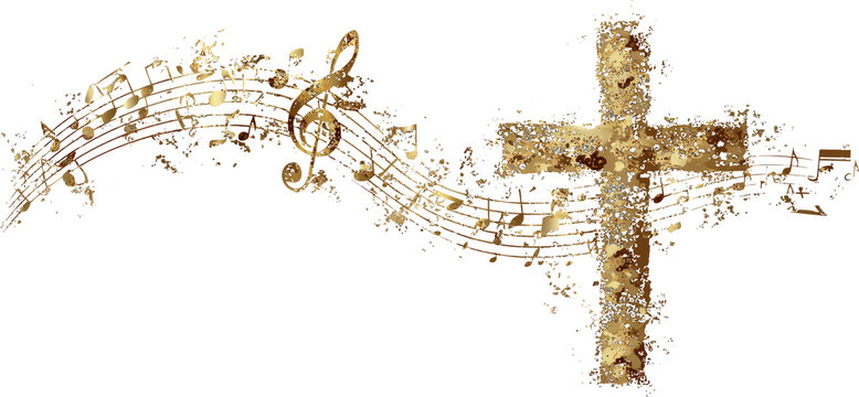 Harmonious Blend of Music and Faith: Golden Notes Flowing Beside a Rustic Cross