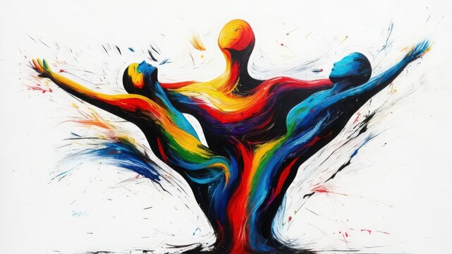 Abstract painting of three intertwined figures representing unity, diversity, connection and emotional relationships.