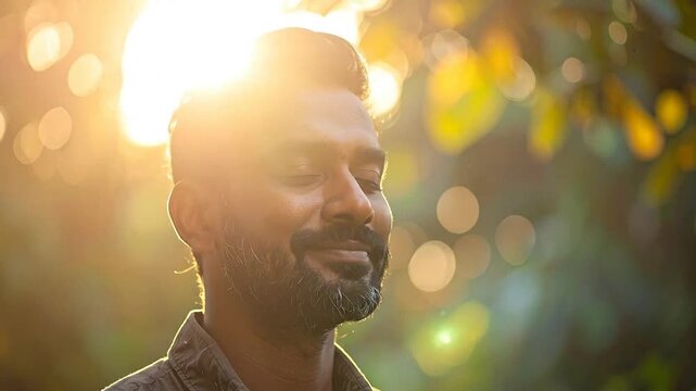 Bearded man enjoying the warm sunlight filtering through green leaves in a peaceful outdoor setting.
