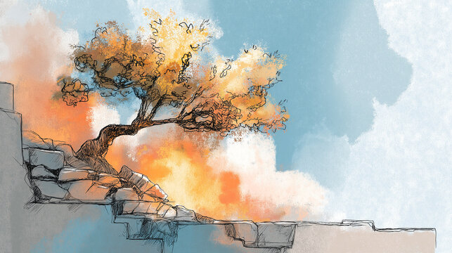 Sketch-style illustration of a lone windswept tree growing from rocky steps, with warm orange cloud glow against a blue sky; minimal landscape and resilience theme.
