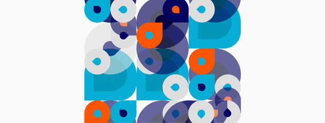 Abstract composition featuring overlapping circles, squares, varied hues. Modern design, clean lines, geometric patterns dominate visual space.