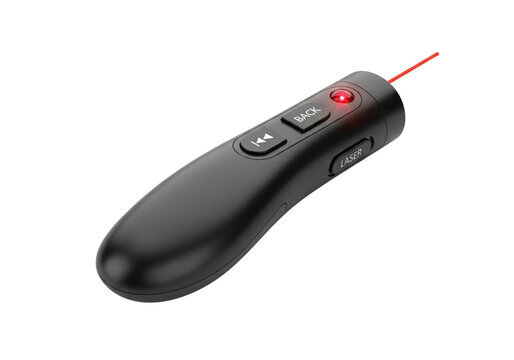 A black remote control with a red laser pointer isolated on transparent background