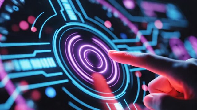 Human finger touching glowing circular digital interface on dark background