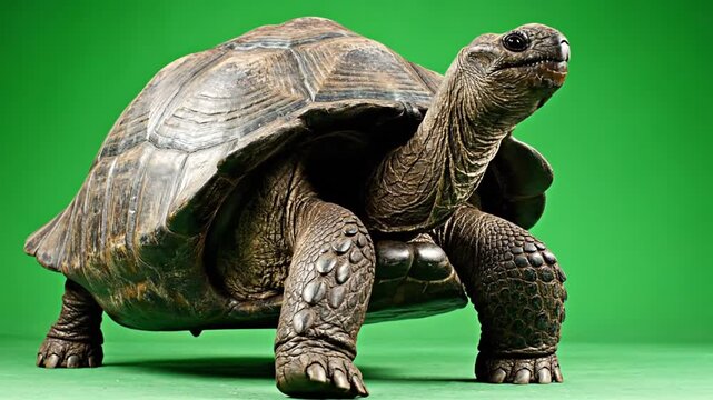 A large, ancient-looking tortoise with a textured shell and scaly skin stands against a vibrant green background, looking upwards.