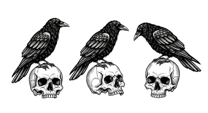Three black crows perched on human skulls in a row isolated on transparent background