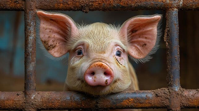 Piglet Looking Through Metal Bars with Muddy Snout in Farm Setting