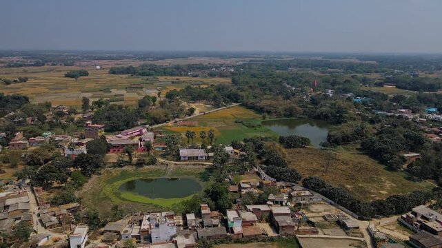 Beautiful rural villages in Darbhanga, Bihar, India, surrounded by lush green agricultural fields and fertile farmland. the essence of traditional Indian countryside life and vibrant farming landscape