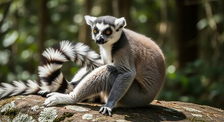 Fototapeta premium Ring tailed lemur sits attentively upon a mossy rock surface in a sunlit natural environment