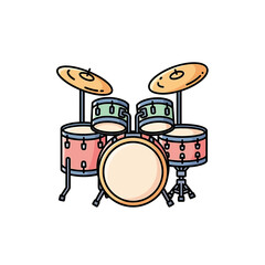 Illustration of a drum set with cymbals and drums in a studio setting from a front viewpoint.