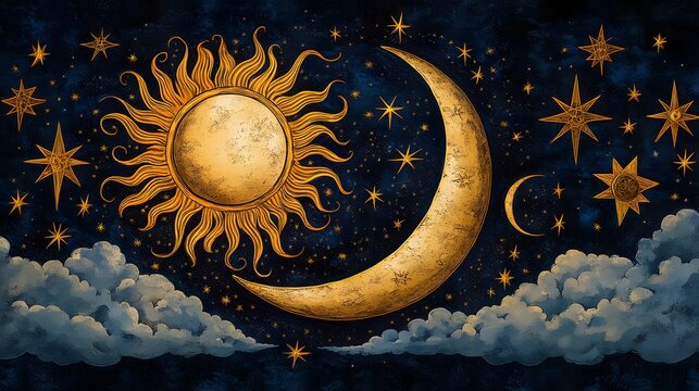 Celestial gold sun and crescent moon dance across a textured navy sky with soft clouds and glittering stars. Evokes serene nights, dreams, and mystic wonder. Abstract Boho Style