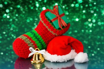 Colorful christmas stocking with a santa hat and a bell on a green background