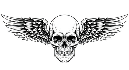 Obraz premium A detailed illustration of a skull with wings spread wide on its sides in black and white isolated on transparent background