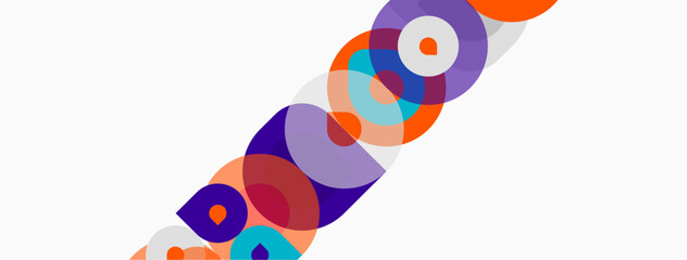 Fototapeta premium Abstract colorful circles overlap white background. Modern design, vibrant hues create dynamic composition. Simple geometry, playful aesthetic.
