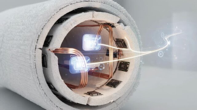 Close medium view of a towel core featuring embedded NFC sensor tags demonstrating handsfree interaction and realtime data tracking in automated dispensers.