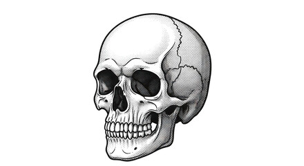 Obraz premium A detailed black and white illustration of a human skull facing left isolated on transparent background