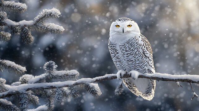 A snowy owl perches on a frost-covered branch during a peaceful snowfall
