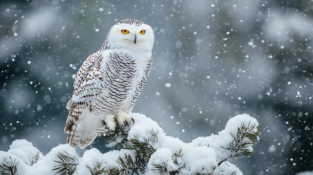 Snowy owl perched on a snow-covered branch during a snowfall, majestic winter scene