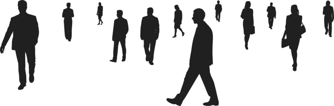 Diverse Group of Black Business People Silhouettes Walking on White Background Keywords: people, silhouette, business, walking