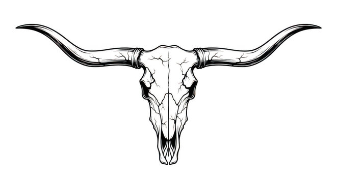 A detailed illustration of a longhorn skull with curved horns isolated on transparent background