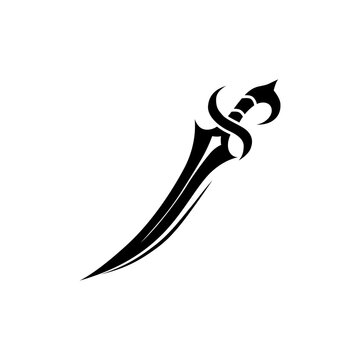 Black scimitar sword icon isolated on white background. Minimalist weapon vector illustration.