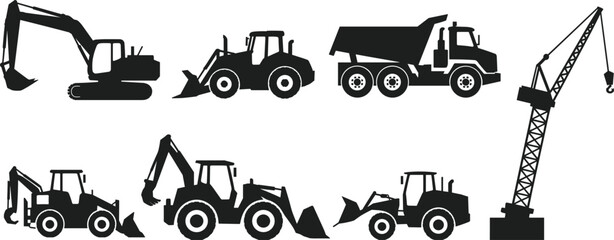 Heavy Construction Machinery Silhouette Collection with Excavator, Loader, Dump Truck and Crane Isolated on White Background Vector Illustration © Itz Rakib