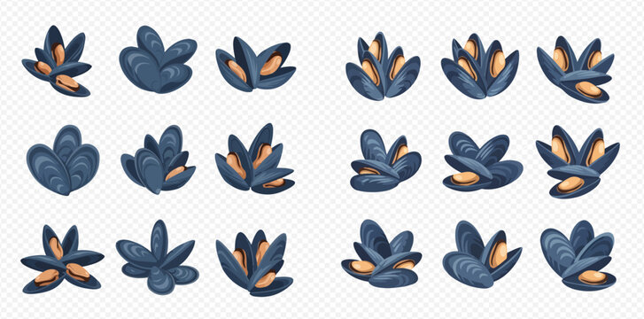 Set of cartoon mussels, blue shells with orange meat, seafood collection.