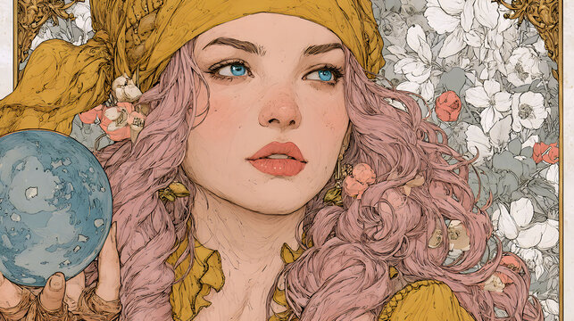 Art Nouveau Style Illustration of Woman with Globe