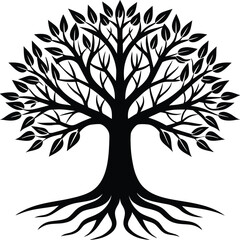 Obraz premium Black silhouette of a tree with visible roots and leaves on a white background