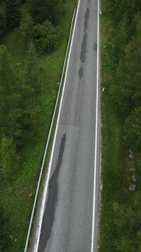 Vertical screen Drone Aerial View Motorcyclist On Dolomites Road Winding Through Dense Pine Forest And Alpine Meadows, Lone Rider In Bright Helmet Cruising Wet Asphalt, Long Straight Sections