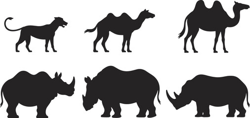Silhouettes of a Lion, Two Camels, and Three Rhinoceroses on White Background animal © rayhan039