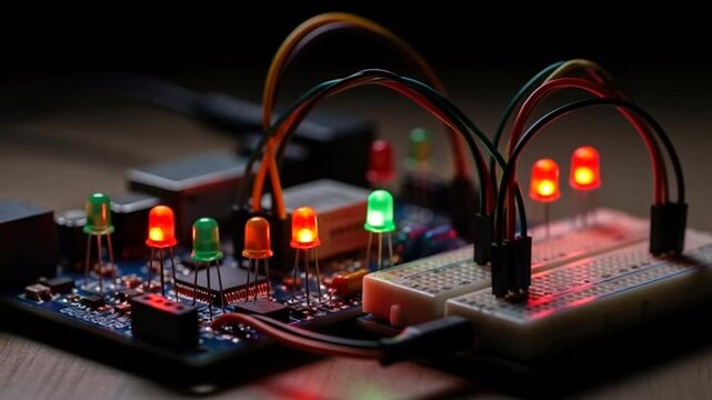 Close-up of electronic circuit board with colorful LED lights and wires