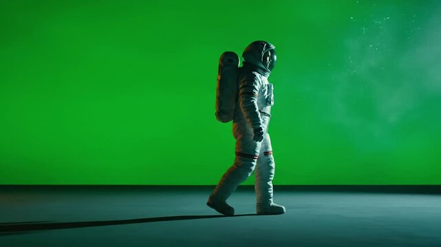 A lone astronaut walks confidently in front of a green screen for a video production.