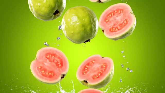 Refreshing pink guavas, both whole and halved, dynamically captured with splashing water droplets, highlighting their natural goodness and tropical freshness
