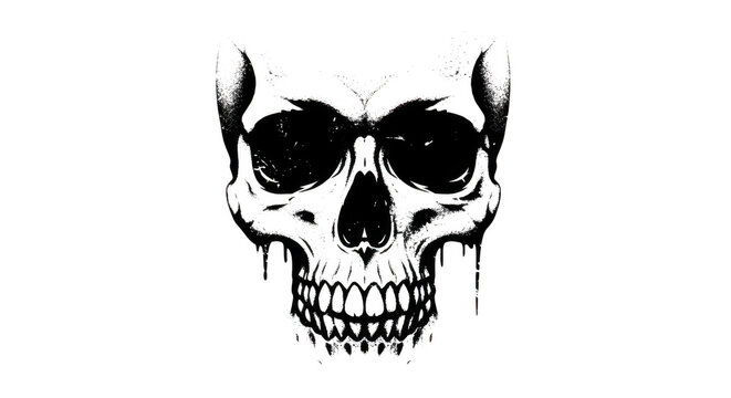 A black and white illustration of a skull with a menacing grin isolated on transparent background