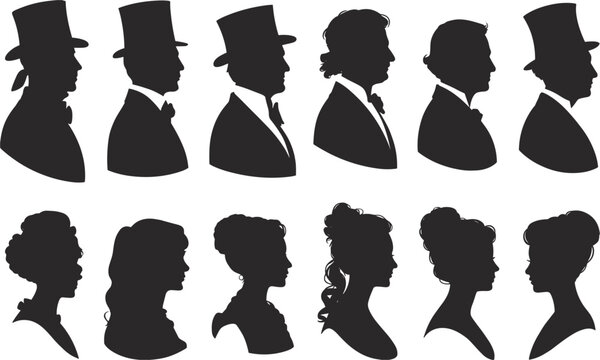 Vintage Silhouette Portraits of Men and Women in Historical Attire vector illustration