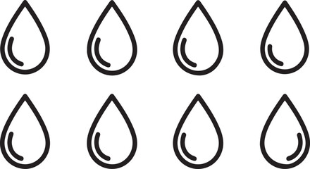 Eight distinct water droplets with unique shapes and orientations Vector