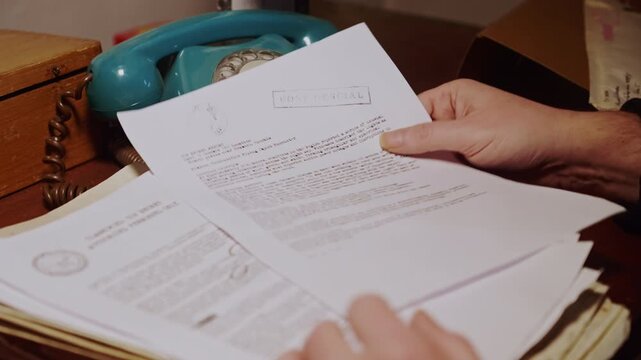 Close view of paperwork examined on a desk before a hand lifts a vintage rotary phone to place a call. Suitable for investigation, journalism, surveillance, or historical crime themes.